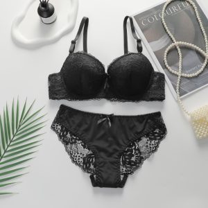 Premium Quality Spandex Women Bra Panty Lingerie Set Black